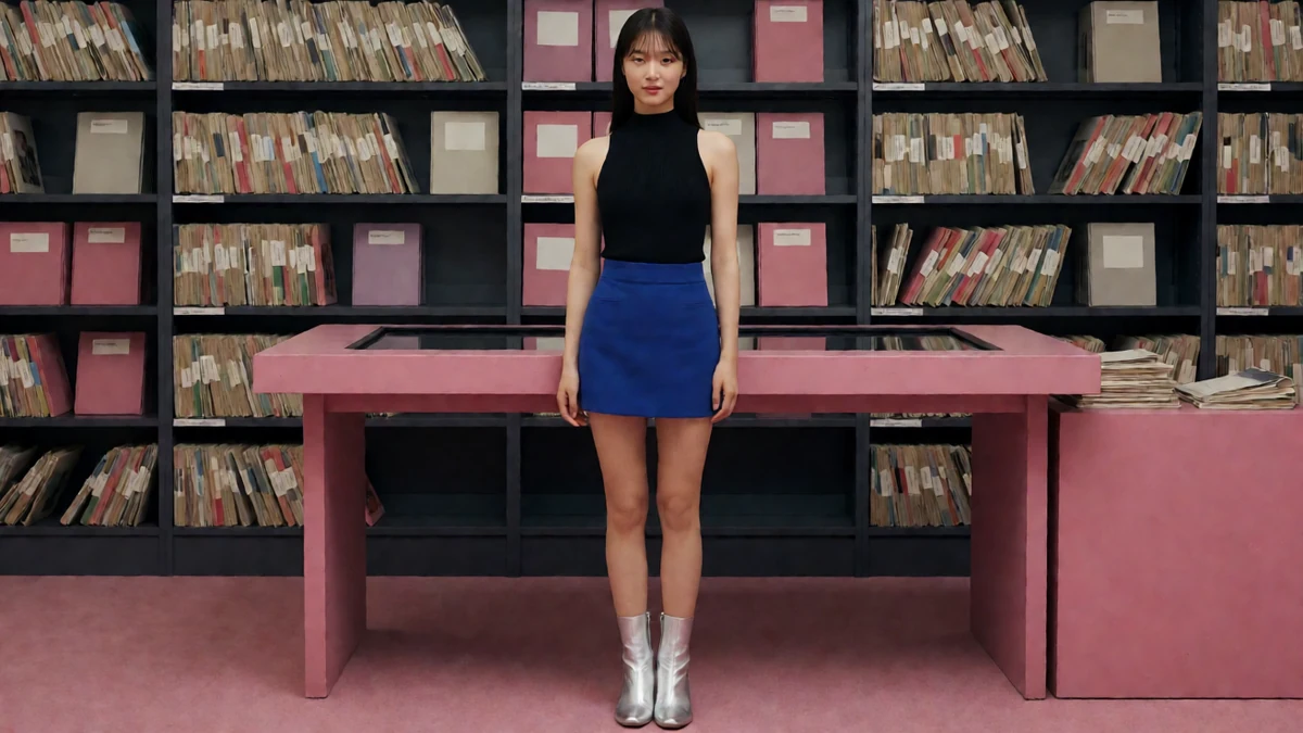 日韩人物目录图：成年女子穿黑色上衣和蓝裙站在书架与粉色书桌前