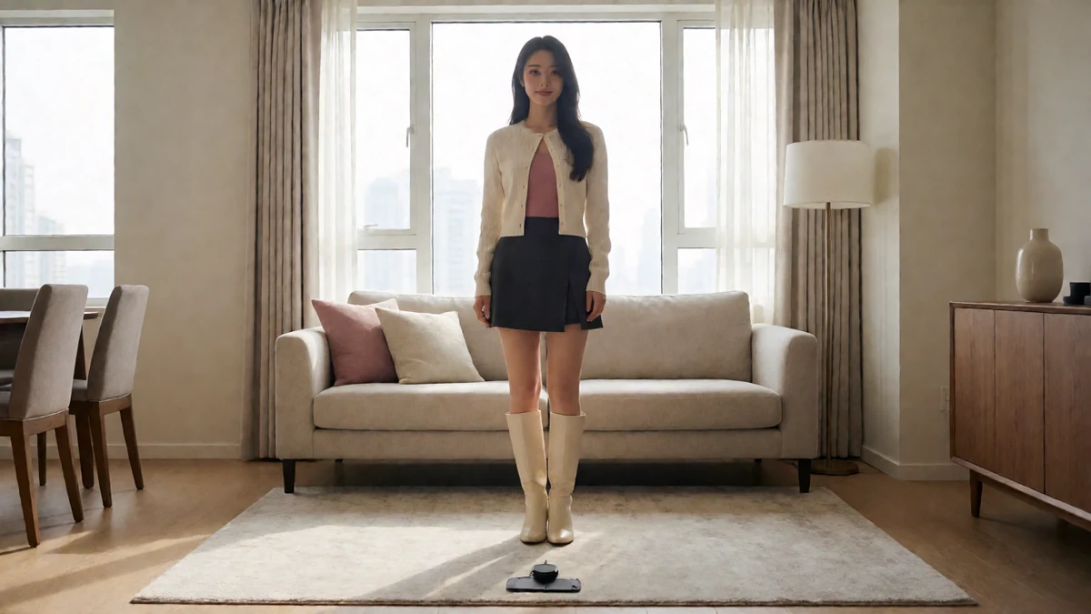 窗边穿搭主题图：成年女子穿白外套和深色短裙站在沙发前