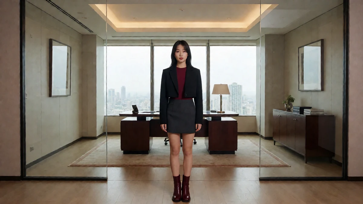 办公室主题图：成年女子穿黑外套和深色短裙站在办公桌前